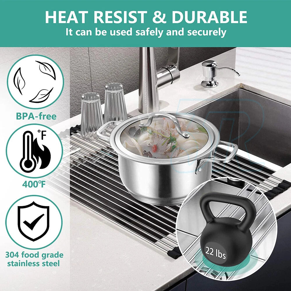 Stainless Steel Dish Rack Meat Vegetable Drying Drainer 38x47cm Over Sink Rack Roll up Kitchen Foldable Vegetable Pan Dishes Cutlery Rack