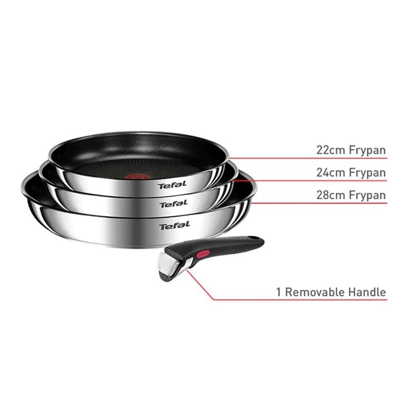 Tefal 4 Piece Ingenio Induction Stainless Steel Frypans, Titanium Non-Stick Cooking, Removable Handle, Cooktop Oven Table Stackable Design