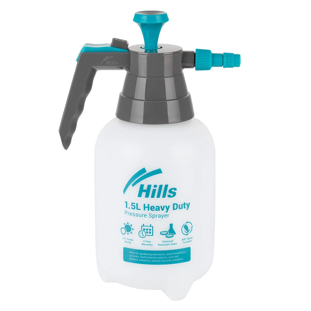 Hills 1.5L Garden Pressure Sprayer, Heavy Duty, UV Stable Bottle, Chemical Resistant Seals, Adjustable Jet/ Mist Spray Nozzle