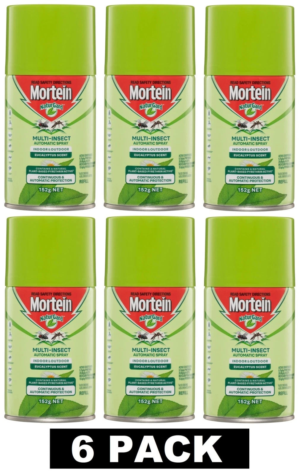 6x Mortein Naturgard Multi-Insect Automatic Spray Refill Pest Bug Protection Natural Plant-Based -Eucalyptus