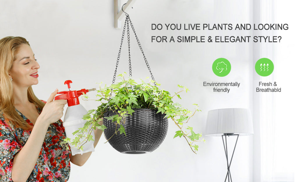 Hanging Rattan-Style Flower Basket 26cm Indoor Outdoor Balcony Planter Hanging Chains