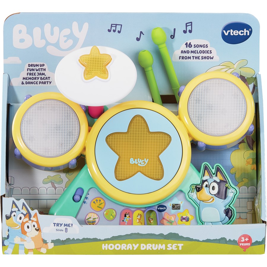 VTech Bluey Hooray Drum Set | Electronic Music Set Drum Solo Infant Toddler Preschool Drumstick Set