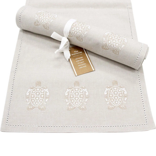 Table Runner Stonewashed Embroidered | Chambray Cotton | Embroidered Turtles | Table Runner 35x160cm