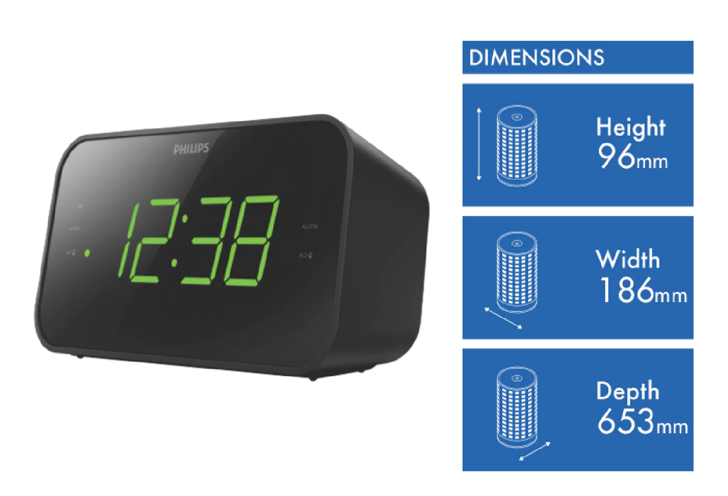Philips Bedside Alarm Clock | Large LED Display 20 FM Radio Stations