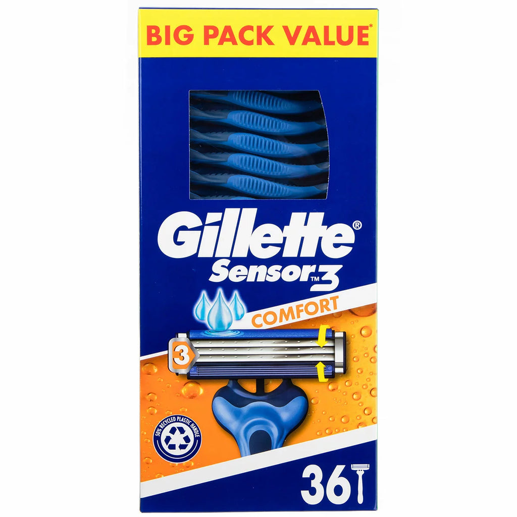 36PK Gillette Sensor 3 Men's Disposable Razors - Razor Blades Travel Shavers Flexing Razorblades