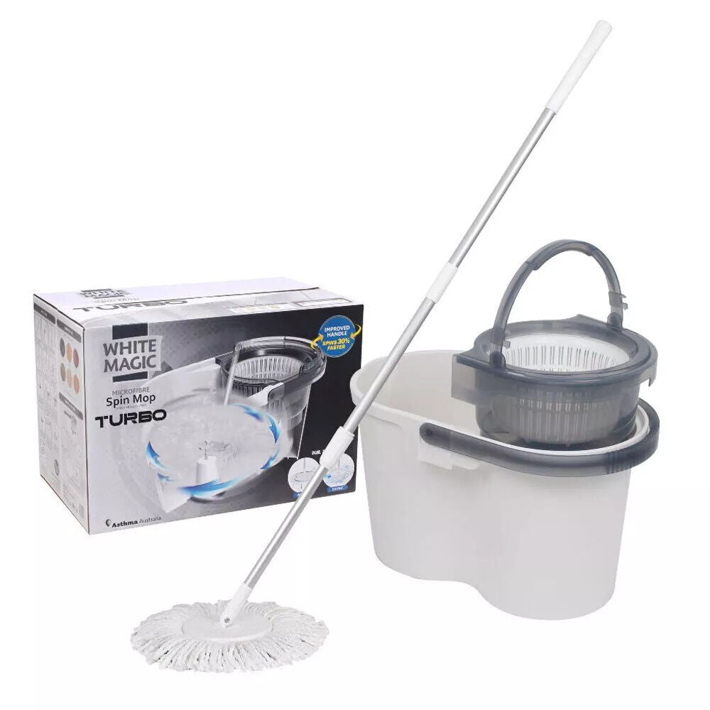 White Magic Microfibre Spin Mop Wet Floor Cleaning Wringing Bucket Hard Wood Tile Cleaning