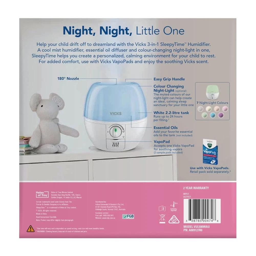 Vicks 3-in-1 Humidifier Essential Oil Diffuser Night-Light Quiet Calming Changing Lights