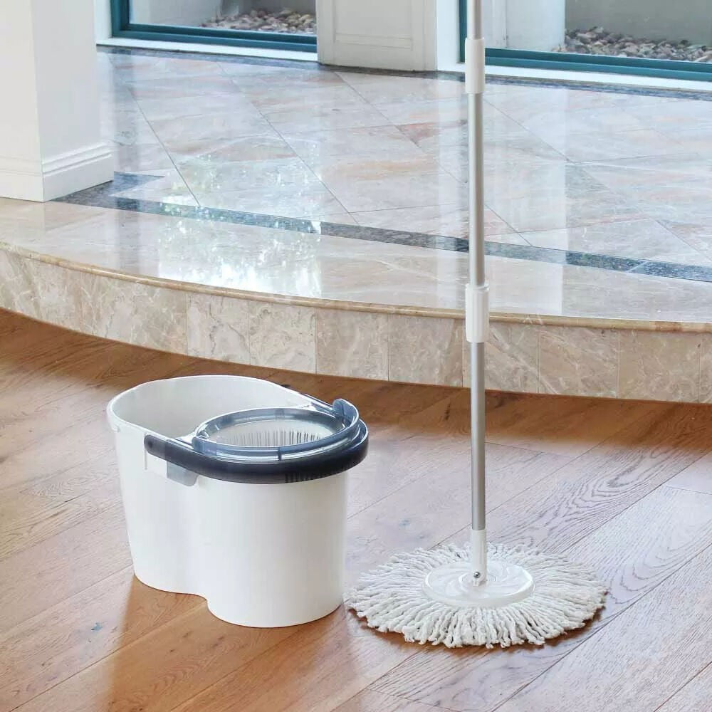 White Magic Microfibre Spin Mop Wet Floor Cleaning Wringing Bucket Hard Wood Tile Cleaning