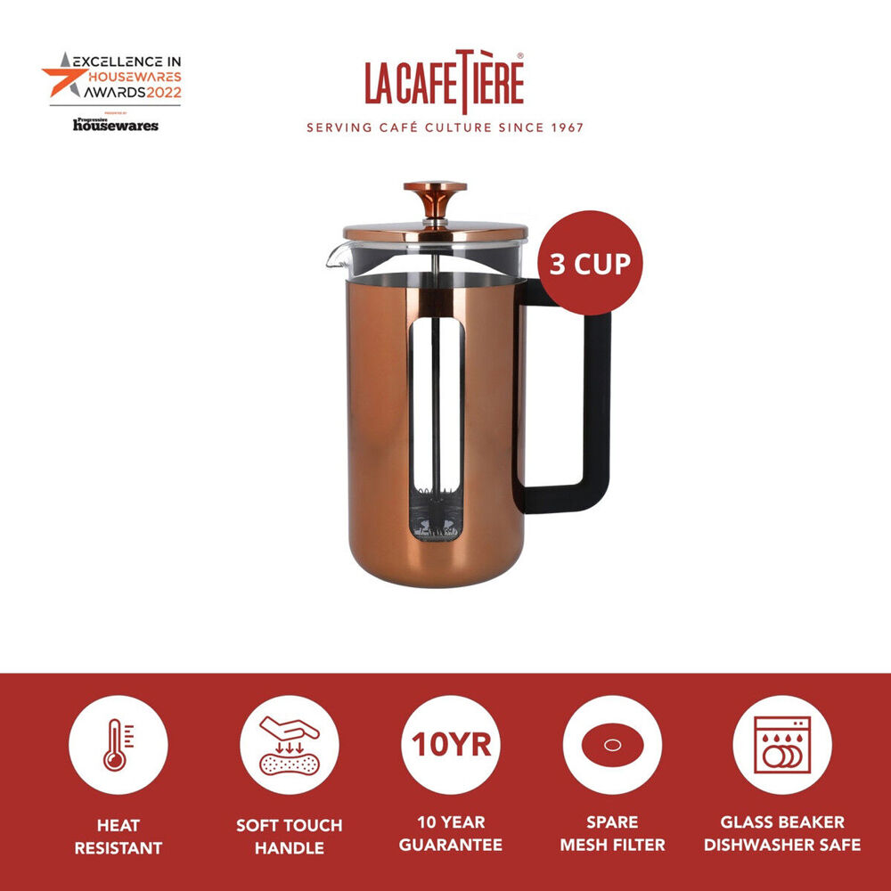 La Cafetiere Pisa 3-Cup 350ml | Stainless Steel/Glass Coffee French Press | Copper