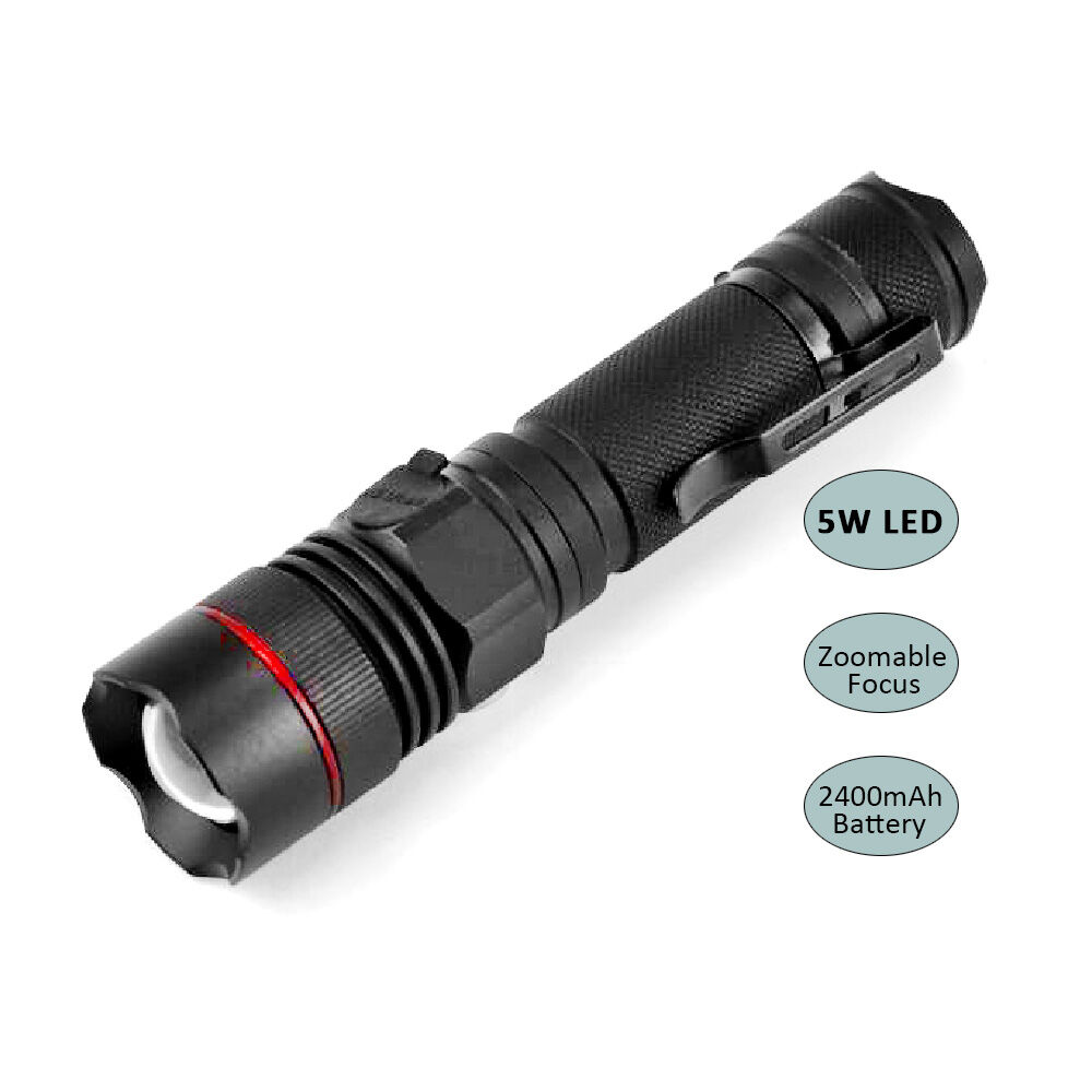 Tactical Rechargeable LED Flashlight 5W | Sansai Water Resistant Torch with USB Charging | Water Resistant