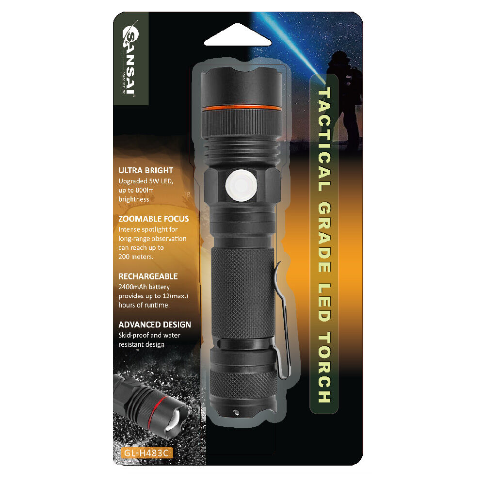 Tactical Rechargeable LED Flashlight 5W | Sansai Water Resistant Torch with USB Charging | Water Resistant