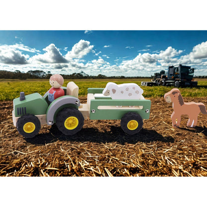 Kaper Kidz Wooden Tractor & Farm Animals Kids Toy Playset w/ Sheep Horse 18m+