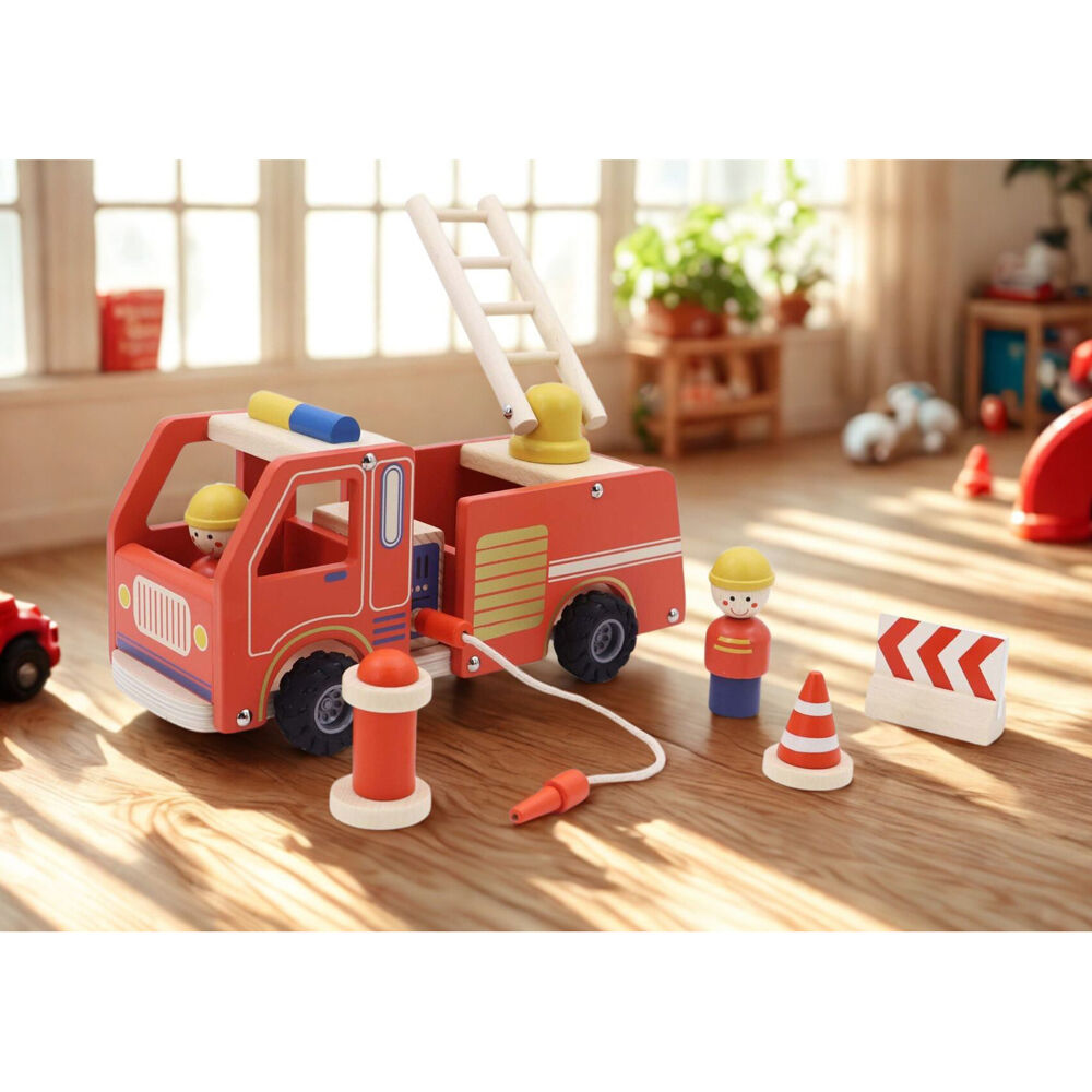Kaper Kidz Wooden Fire Engine Kids Toy Playset w/ Hose,Hydrant & Ladder 3y+