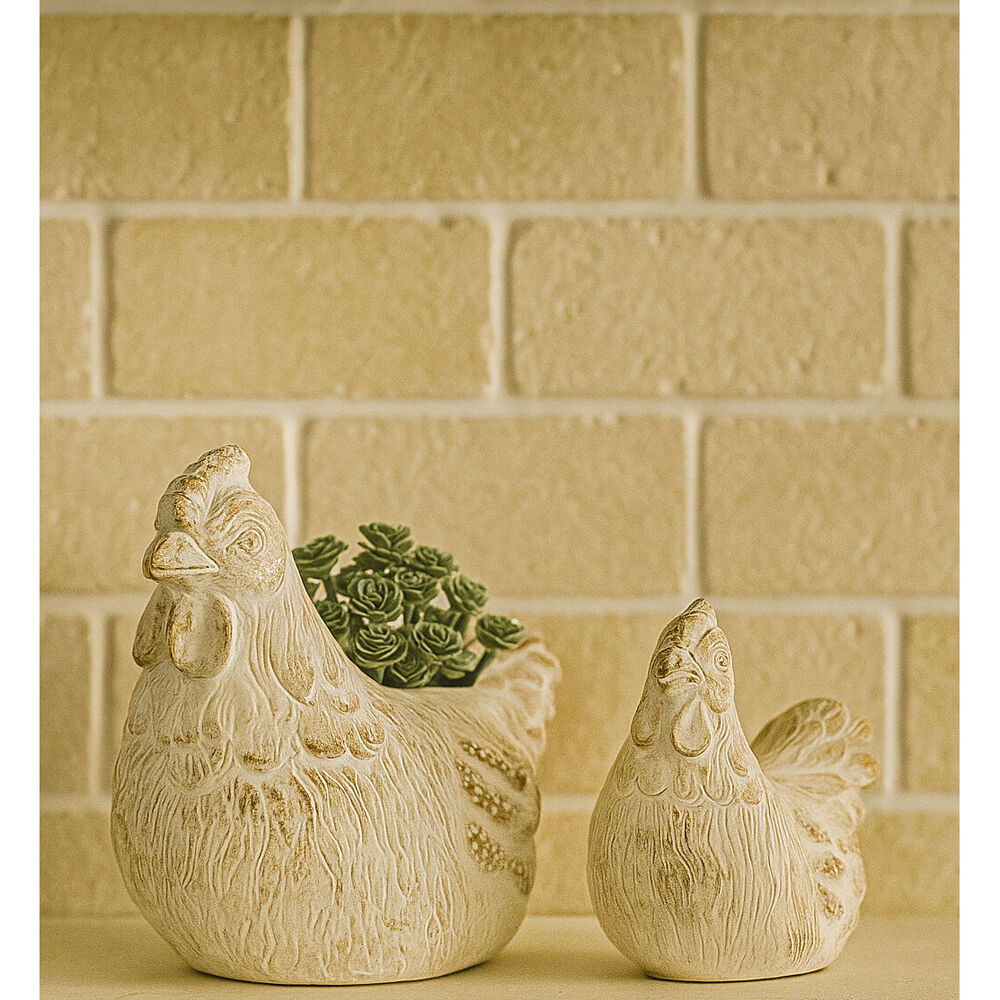 3PK Urban Ceramic Fable | Chicken Ornament | Outdoor Garden Decor 15cm Bisque