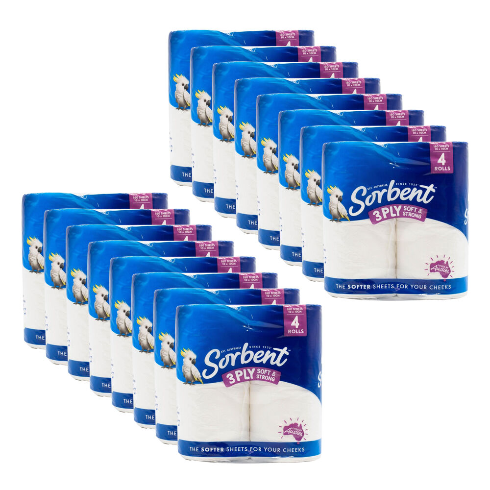 Sorbent Toilet Tissue | 10x10cm 3-Ply | Soft & Strong Multi-Purpose | 16 x 4pc Comfort