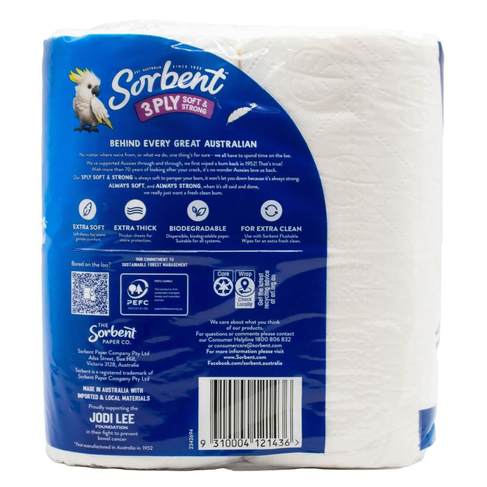 Sorbent Toilet Tissue | 10x10cm 3-Ply | Soft & Strong Multi-Purpose | 16 x 4pc Comfort