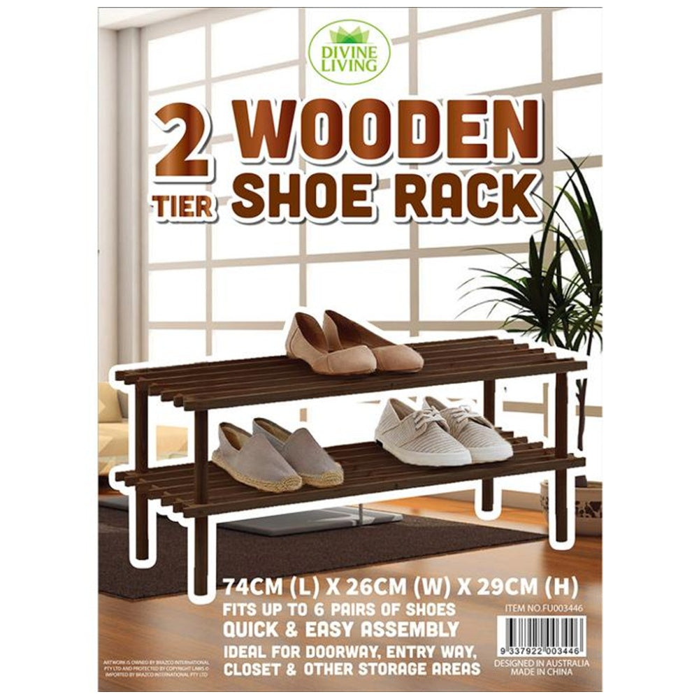 Two Tier Shoe Rack Organiser | 2PK Braz Wooden| Up To 6 Pairs