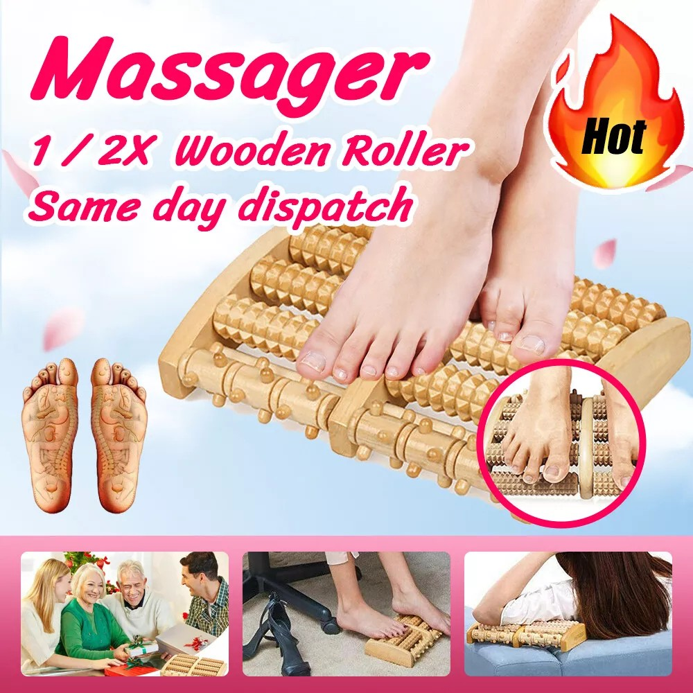 LARGE Wooden Foot Pain Massager 5 Roller Care Reflexology Relax Stress Relief