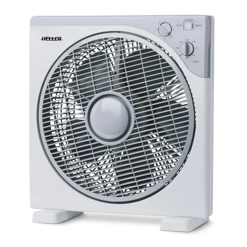 Heller 30cm Box Fan | 3 Speed/Timer/Rotating Louvres | Floor Air Cooler/Cooling
