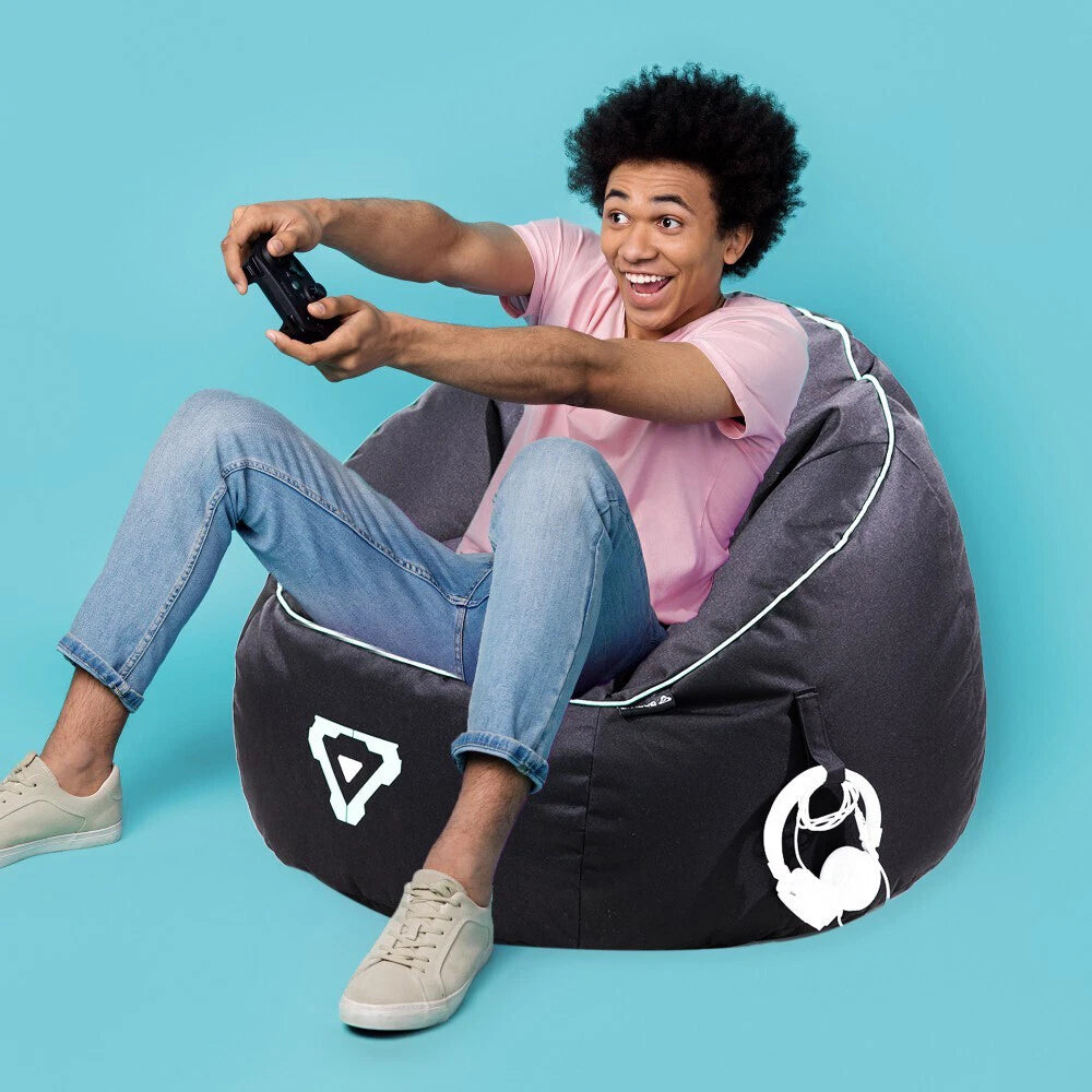 Laser Gaming Fabric Bean Bag | Game Sofa TV Chair Lounger w/ Headphone Strap & Side Pocket Black
