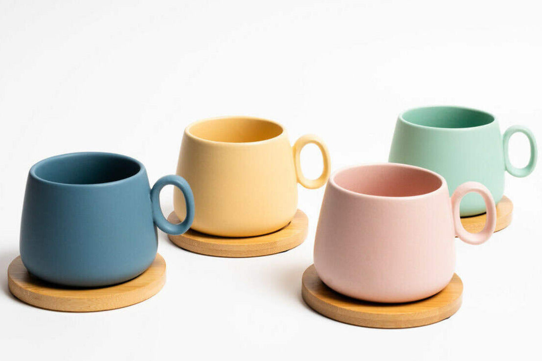 4x Colourful Ceramic Mugs Tea Coffee Hot Cold Drink Beverage Cups with Bamboo Coasters