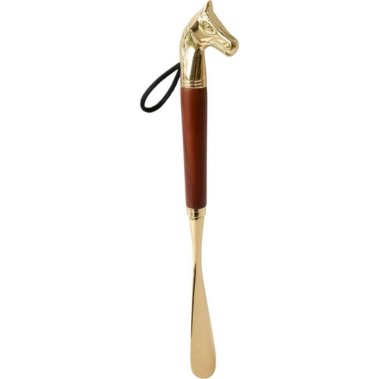 Shoehorn Metal/Beech Wood | Horse Head Shoe Horn | Accessory Stick 32cm Gold/Brown