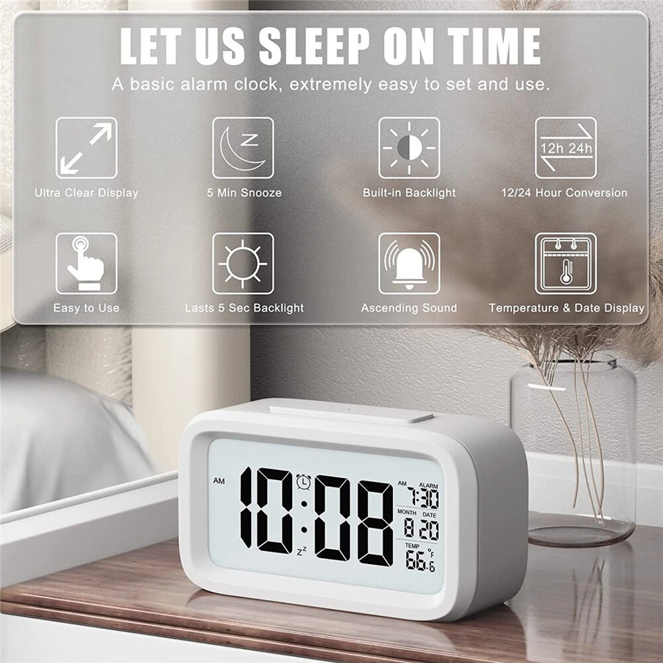 Digital Bedside LED Snooze Alarm Clock Time Temperature Day/Night Desktop Decor