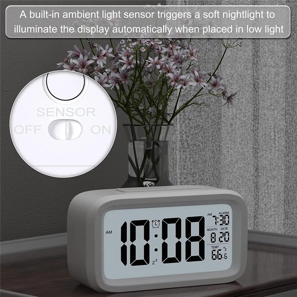 Digital Bedside LED Snooze Alarm Clock Time Temperature Day/Night Desktop Decor