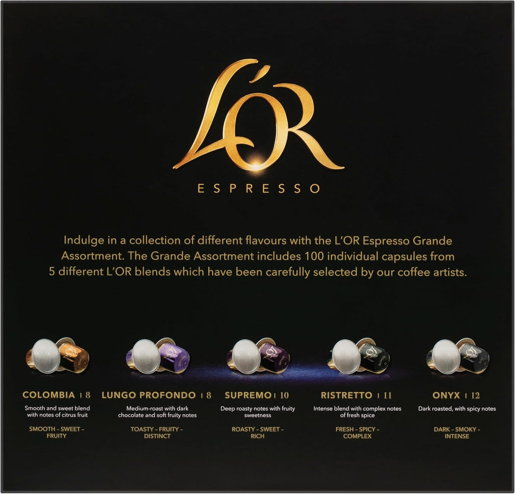 100 Pack L’OR Espresso Grande Assortment Pack | Nespresso Compatible Capsules Pods for Coffee Machines