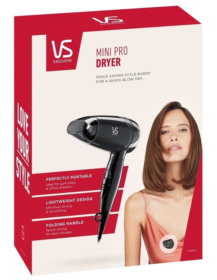 Vs Sassoon Mini Pro Hairdryer 1200W Blow Dryer Portable Gym Travel Hair Drying Dryer Fast Drying