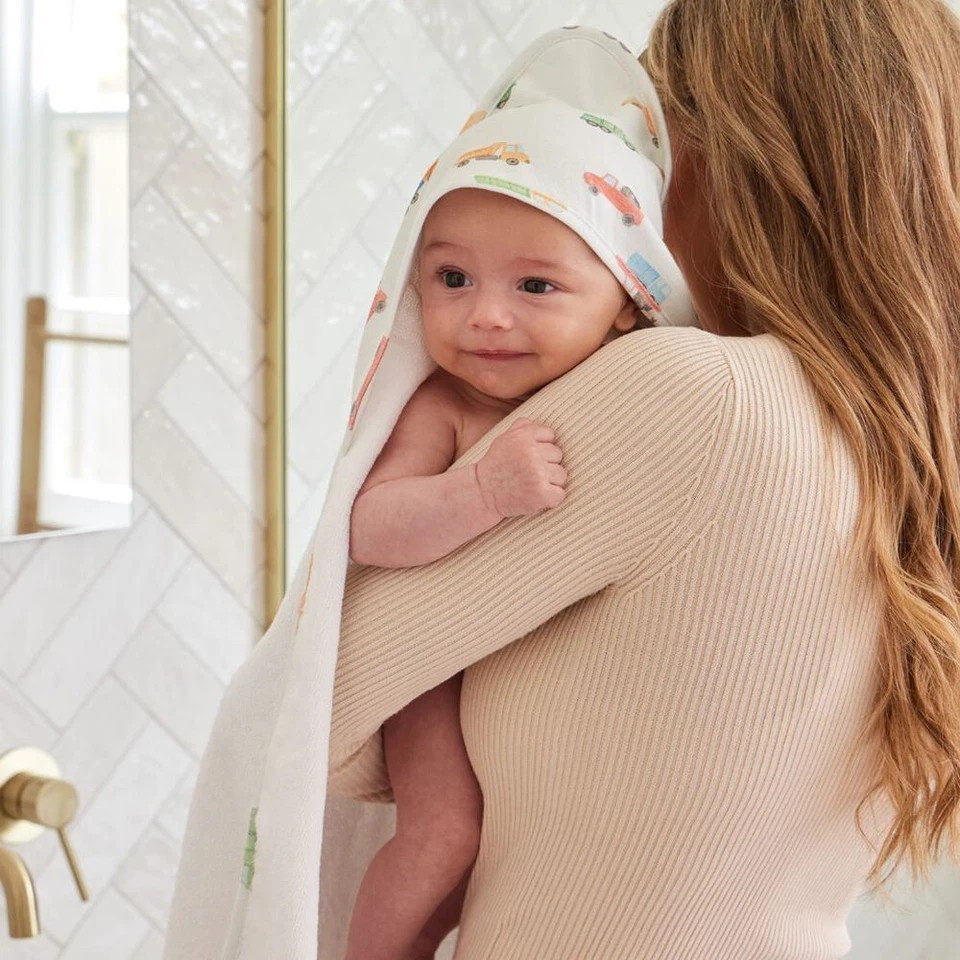 Jiggle & Giggle Toddler Trucking Along Bath Hooded Towel Absorbent White