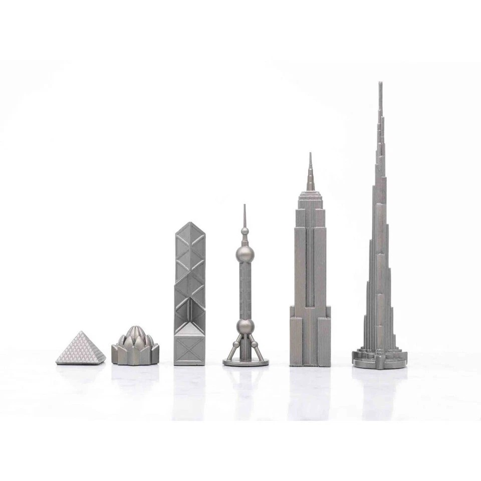 Stainless Steel Skyline Chess Board | World Icons Edition | Wooden Board/ Stainless Steel Pieces | 33 Pc Chess Set