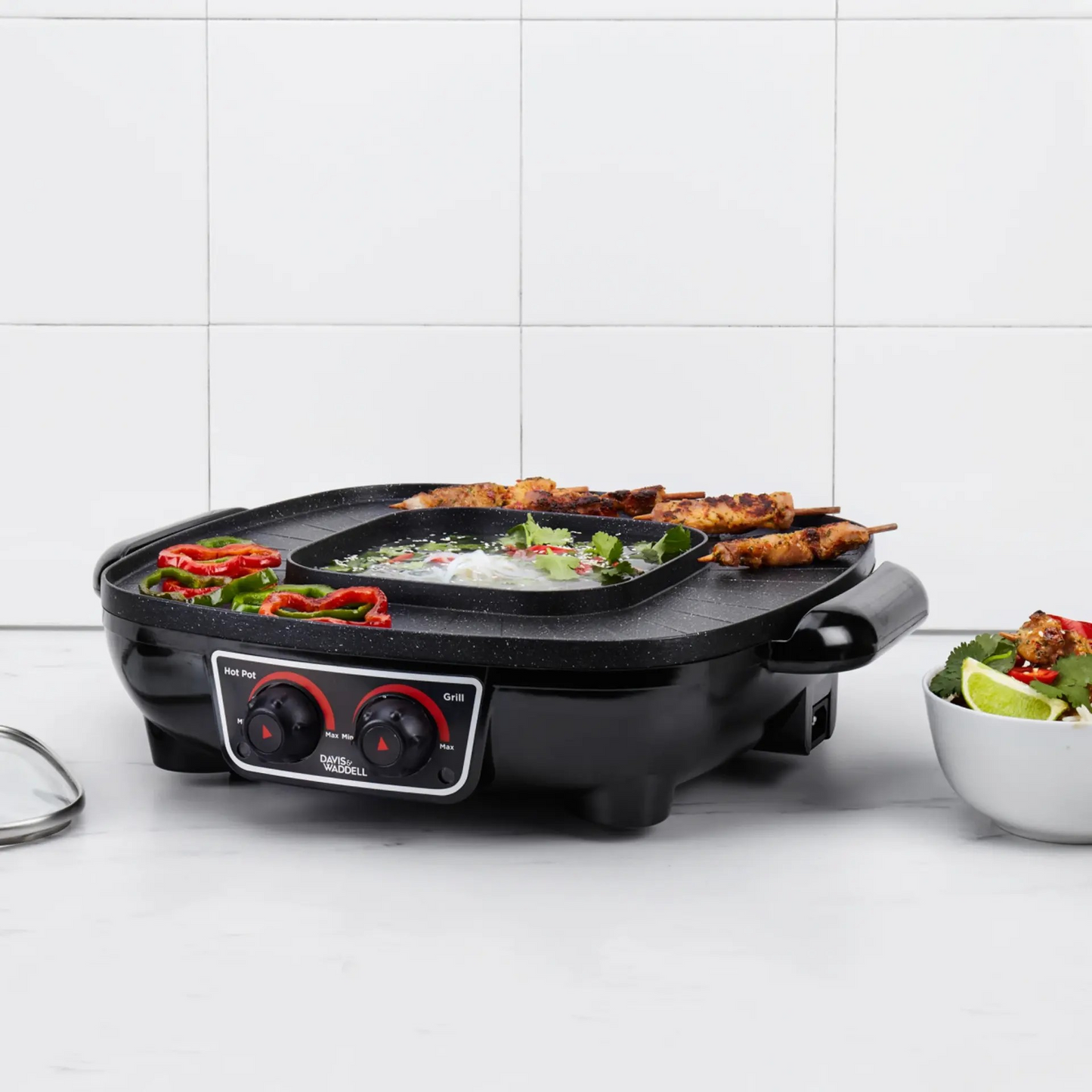 Davis & Waddell 2 in 1 Electric Steamboat Hotpot and Grill Black | Drip Tray | Hotpot Steamboat and Lid | Cooker