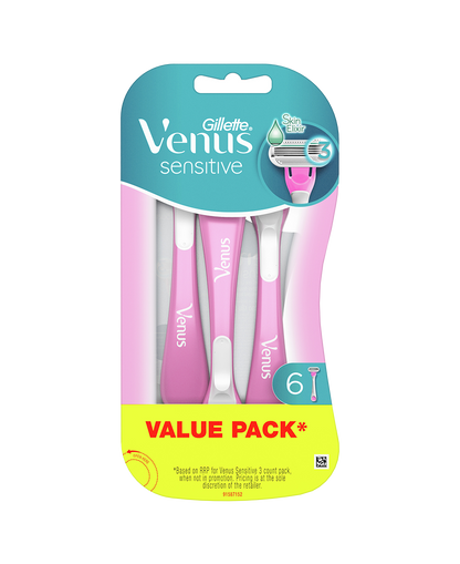 Gillette Venus Sensitive Razor 6 Pack | No Blade Change | Moisture Strips | 3 Blade Razor | Close Shave