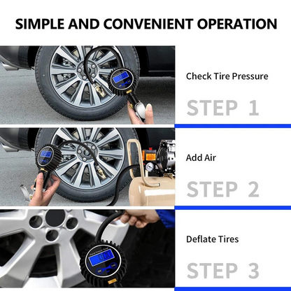LED Digital Tyre Inflator Car Air Pressure Tire Gauge PSI Hose A Car Motorcycle | Cast aluminum alloy | Pistol grip | Displays KGF, BAR, PSI, KPA measurement | LCD digital display