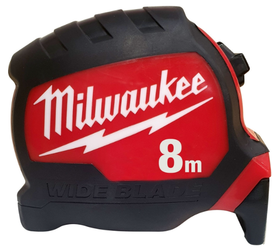 Milwaukee STUD Wide Blade Tape Measure 8M | Lanyard Tethering | Impact Resistant | Anti-Tear Coating | 2 Sided Print