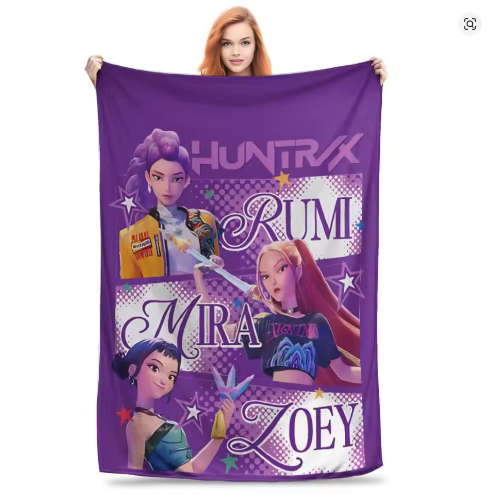 HUNTRIX KPOP Demon Hunters Anime Blanket | Teen Child Printed Rumi Zoey Mira Themed Purple Blankie | Flannel Throw Blanket