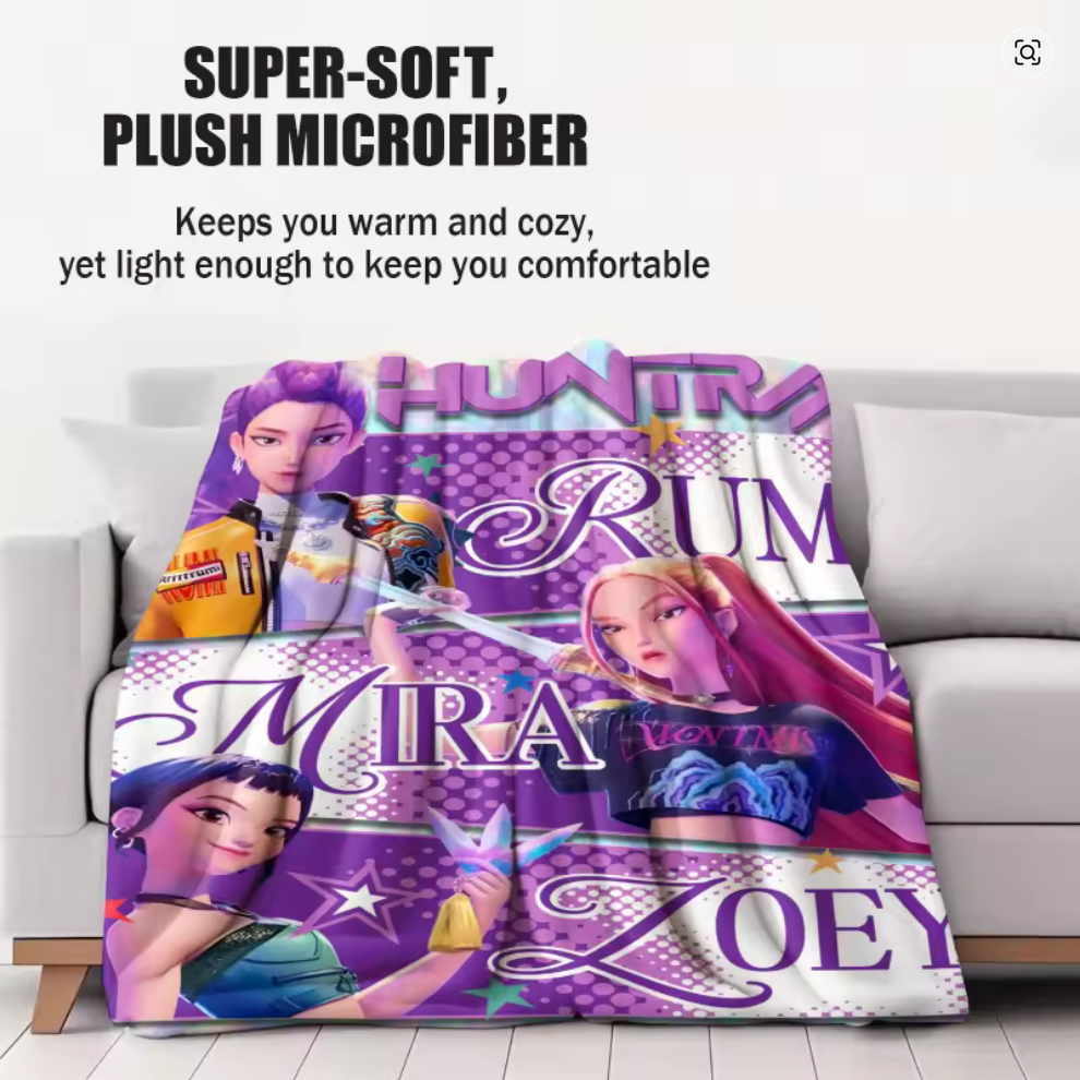 HUNTRIX KPOP Demon Hunters Anime Blanket | Teen Child Printed Small Rumi Zoey Mira Themed Comfort Blankie | Flannel Throw Blanket 70x100cm