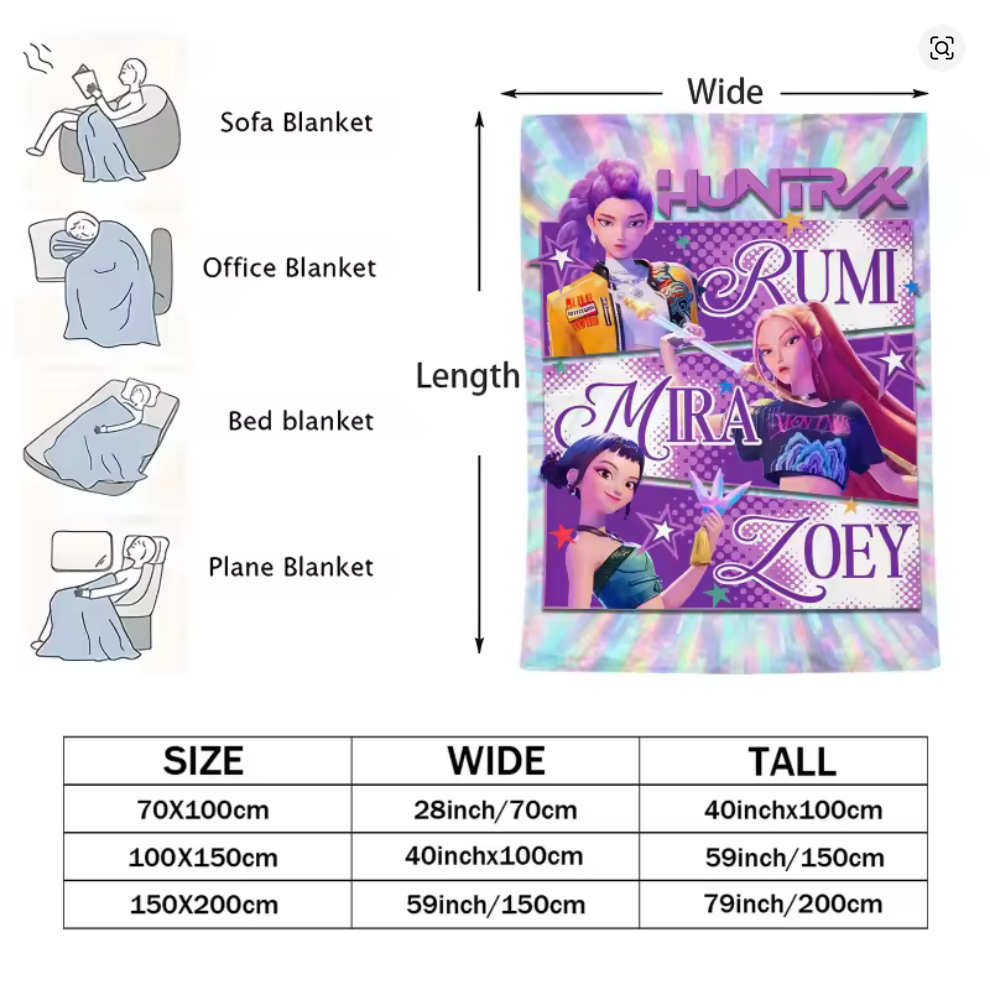 HUNTRIX KPOP Demon Hunters Anime Blanket | Teen Child Printed Small Rumi Zoey Mira Themed Comfort Blankie | Flannel Throw Blanket 70x100cm