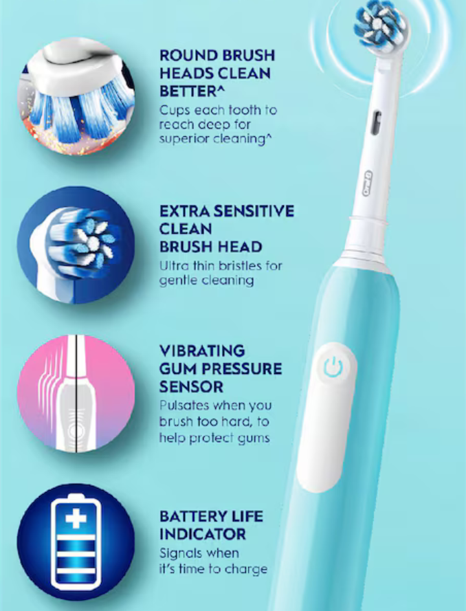 Oral B Pro Electric Toothbrush, Extra Sensitive Cleaning Brush Head, Vibrating Gum Pressure, 2min Timer, Round Brush Head