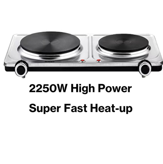 Electric Cooktop Twin Dual Stove | Portable Kitchen Cooker Hot Plate 2250W Fast Heating | Stainless Steel
