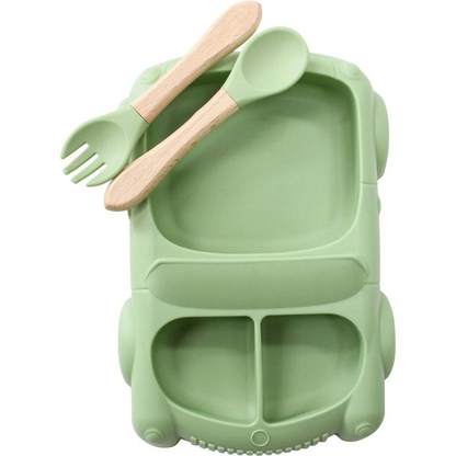 Racecar Silicone Baby Feeding Bowl and Cutlery | 3Pc Set 21x14.5cm Green