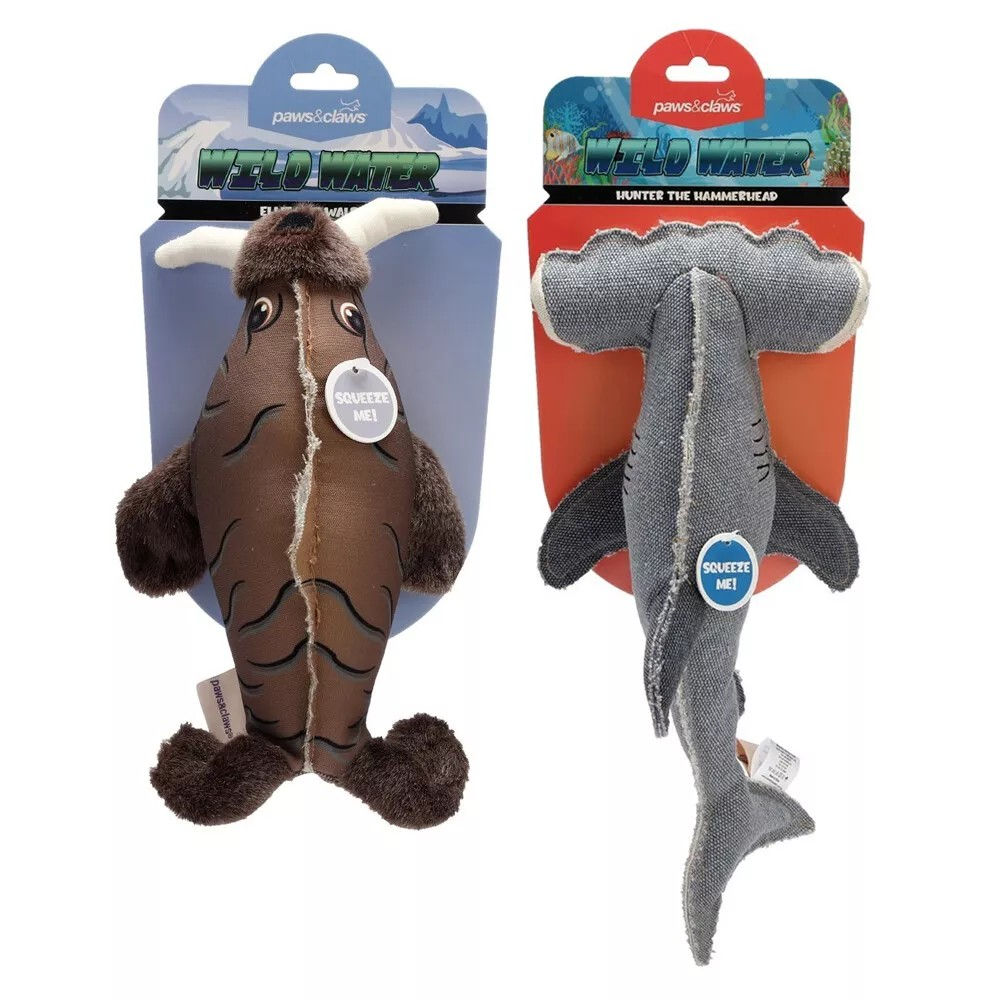 Paws & Claws 33cm | Wild Water Animalz Dog/Pet Interactive Squeker Toy | Assorted x2