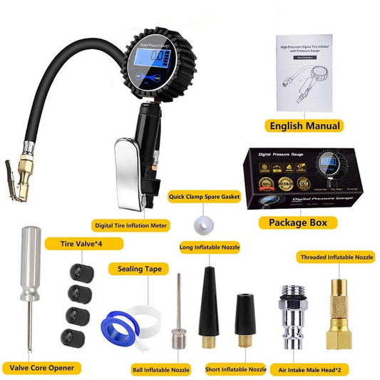 LED Digital Tyre Inflator | Lightweight Tyre Inflator | Car Air Pressure | Tire Gauge PSI Hose A Car Motorcycle | Cast aluminum alloy | Pistol grip | Displays KGF, BAR, PSI, KPA measurement | LCD digital display |