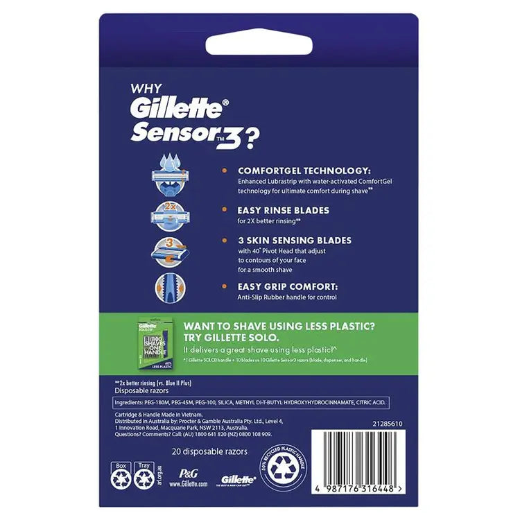 Gillette Sensor 3 Disposable Razors- 20 Pack- Men's Razorblades Travel Shavers | Anti-slip Rubber Handle