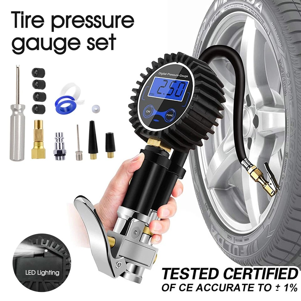 LED Digital Tyre Inflator | Lightweight Tyre Inflator | Car Air Pressure | Tire Gauge PSI Hose A Car Motorcycle | Cast aluminum alloy | Pistol grip | Displays KGF, BAR, PSI, KPA measurement | LCD digital display |