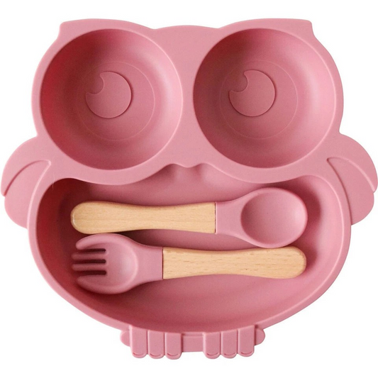 Owl Silicone Baby Feeding Bowl and Cutlery | 3 Pc Set 20x18cm Pink