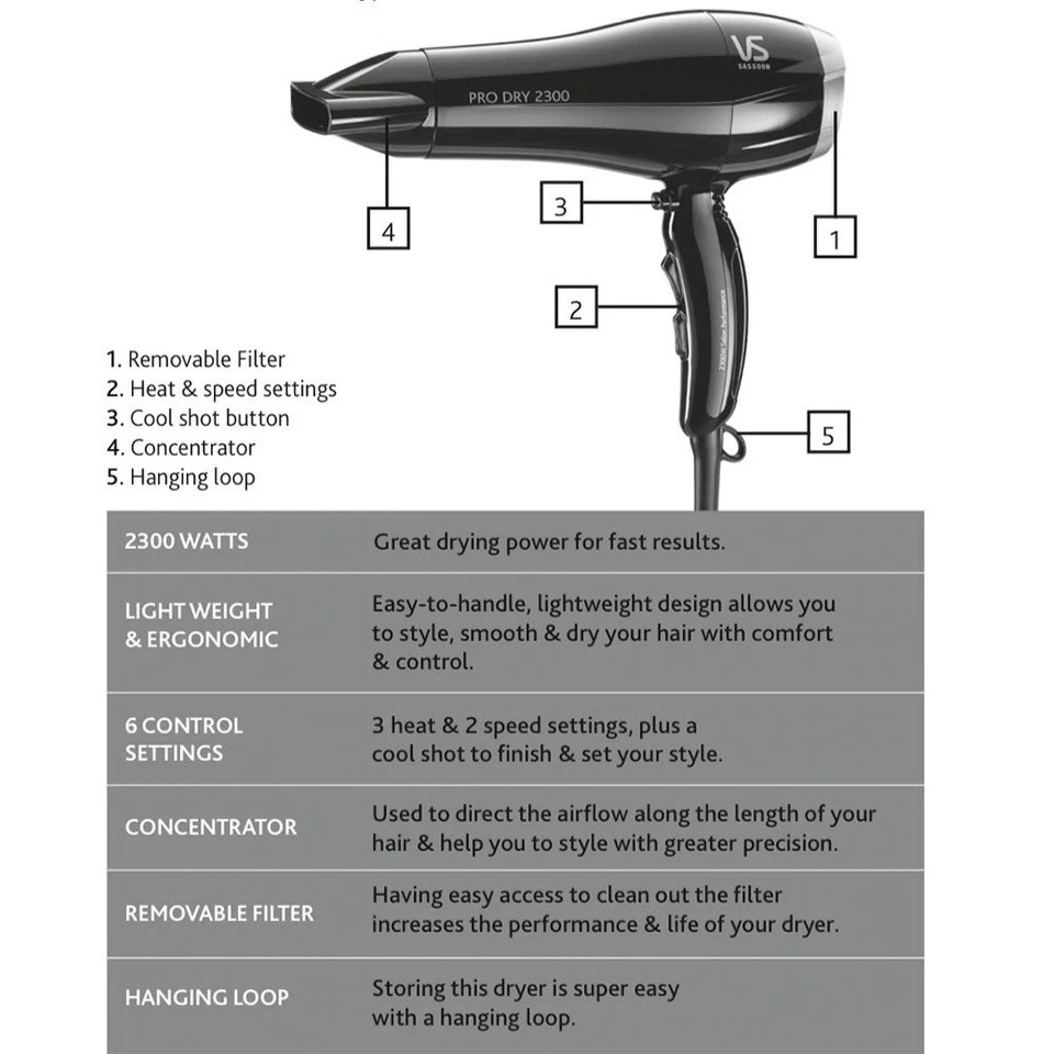 VS Sassoon Blow Dryer | Women's Pro Dry 2300W Hair Dryer/Hairdryer/Fast Drying/Light Weight