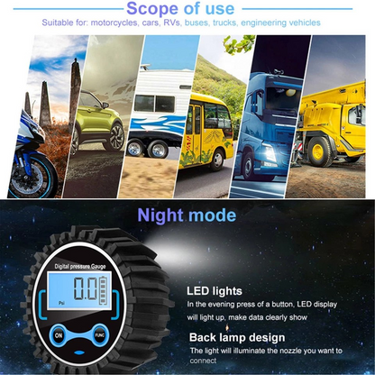 LED Digital Tyre Inflator Car Air Pressure Tire Gauge PSI Hose A Car Motorcycle | Cast aluminum alloy | Pistol grip | Displays KGF, BAR, PSI, KPA measurement | LCD digital display