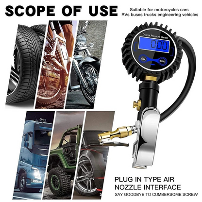 LED Digital Tyre Inflator Car Air Pressure Tire Gauge PSI Hose A Car Motorcycle | Cast aluminum alloy | Pistol grip | Displays KGF, BAR, PSI, KPA measurement | LCD digital display